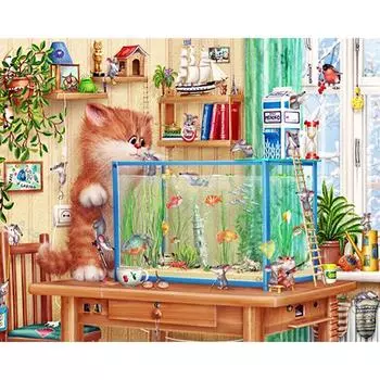5D DIY Алмазная картина Кошка наблюдает за рыбами Вышивка крестом Горный хрусталь Мозаика Картина 20X30CM