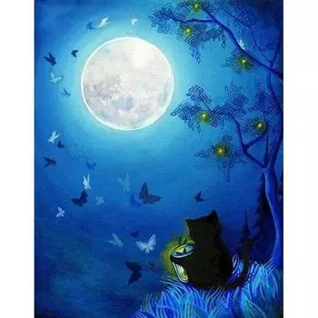 5D DIY Алмазная картина Кошка под луной Набор для вышивки крестом Мозаика Алмазная вышивка Роза Полный Круг/Квадрат Украшение для дома Round 20x30cm