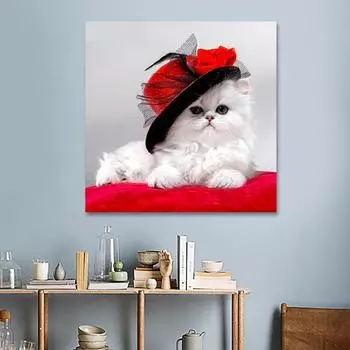 5D DIY Алмазная картина Кот в красной шляпе Алмазная вышивка Крестом Горный хрусталь Мозаика Картина 30x30CM
