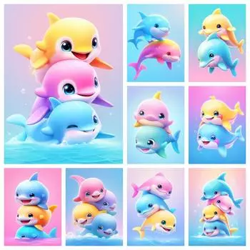 5D DIY Алмазная картина Красочный дельфин Алмазная вышивка Животное Полный квадрат Круглый Мозаика Мультфильм Детский подарок Full Round 20x30CM