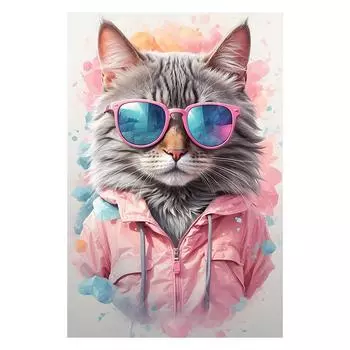 5D DIY Алмазная картина Крутые солнцезащитные очки Cat Art Print Милый мультфильм Розовый Вышивка Картина Полный круглый алмаз Мозаика DIY Стразы Домашний декор Подарки 20x30cm