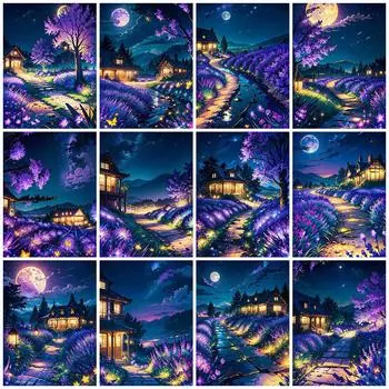 5D DIY Алмазная картина Лавандовый пейзаж Алмазная вышивка Дом Стразы Картина Сад Мозаика Улица Ребенок Подарок Full Round 20x30CM