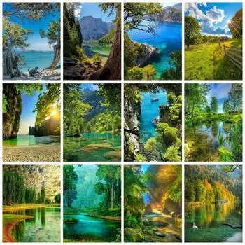 5D DIY Алмазная картина Лесной пейзаж Алмазная вышивка Набор для вышивки крестом Полный горный хрусталь Мозаика Домашний декор Round 20x30cm