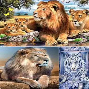5D DIY Алмазная картина Лев и Тигр Алмазная вышивка Полный набор Наборы для вышивки крестом Домашний декор Подарки Round 20x30cm