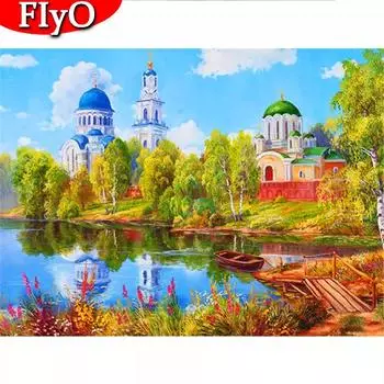 5D DIY Алмазная картина Лодка Река Фотографии Стразы Полный квадратный/круглый Алмазная вышивка Дом Мозаика Ремесленный комплект Full Round (20X30CM)