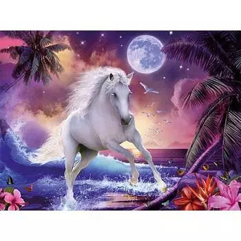 5D DIY Алмазная картина Луна Белая лошадь Пейзаж Алмазная вышивка Полный набор мозаики Вышивка крестом Домашний декор Подарки ручной работы Round 20x30cm