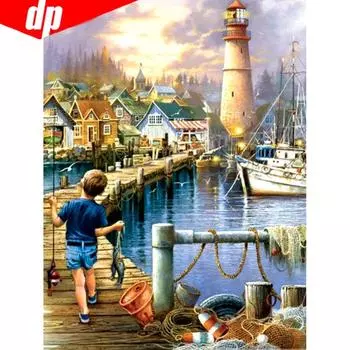 5D DIY Алмазная картина Мальчик Рыбалка Вышивка Алмазная мозаика Вышивка крестом Стразы 20X30CM