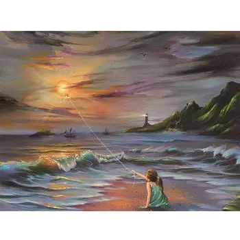 5D DIY Алмазная картина Маленькая девочка Закат на море Полная круглая алмазная вышивка 20X30CM