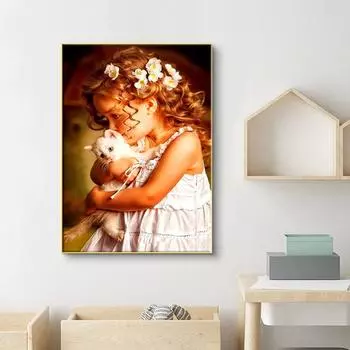 5D DIY Алмазная картина Маленькая девочка и котенок Набор для вышивки крестом Мозаика Алмазная вышивка Роза Полный круглый/квадратный дрель Украшение дома Round 30x40cm