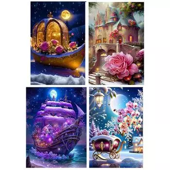 5D DIY Алмазная картина Мечта Цветок и трава Лодка Пейзаж Луна Мозаика Пейзаж Вышивка крестом Украшение для дома Full Round 20x30CM