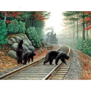 5D DIY Алмазная картина Медведь на железной дороге Вышивка Мозаика Вышивка крестом Горный хрусталь Украшение 20X30CM