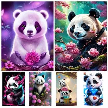 5D DIY Алмазная картина Милая панда Бамбук Цветок Алмазная мозаика Животное Алмазный крест Вышивка Набор Домашнее украшение Full Round 20x30CM