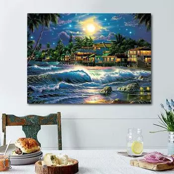 5d Diy Алмазная картина Морской дом Пейзаж Алмазная мозаика Полный круглый дрель Алмазная вышивка 20X30CM