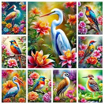 5d Diy Алмазная картина Мозаика Журавль Птица Цветок Полный квадрат Круглый Ювелирные изделия Вышитый крест Животное Ручная работа Украшение на стену Full Round 20x30CM