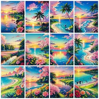 5D Diy Алмазная картина Набор Морской пейзаж Полная квадратная круглая вышивка Мозаика Дерево Цветок Ручная работа Настенное искусство Full Round 20x30CM