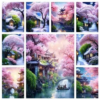 5D DIY Алмазная картина Новинка 2023 Вид на горы Полная вышивка Дом Японская мозаика Подарок Гостиная Украшение дома Full Round 20x30CM