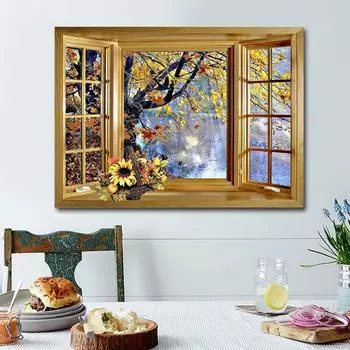 5D Diy Алмазная картина Окно за пределами дерева Озеро Пейзаж Вышивка крестом Полный круглый дрель Стены искусства 20X30CM