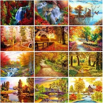 5D DIY Алмазная картина Осенний лесной пейзаж Полный круглый дрель Пейзаж Алмазная вышивка Стразы Мозаика Домашний декор Full Round 20x30CM