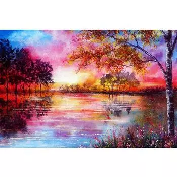 5D DIY Алмазная картина Озеро Лесной пейзаж Алмазная вышивка Полный набор мозаики Вышивка крестом Домашний декор Подарки ручной работы Round 20x30cm