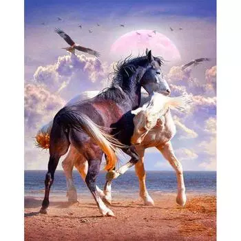 5D DIY Алмазная картина Пара Лошадей Алмазная вышивка Полный мозаичный набор Наборы для вышивки крестом Домашний декор Подарки ручной работы Round 20x30cm