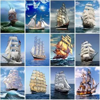 5D DIY Алмазная картина Парусник Кристалл Алмазная картина Вышивка крестиком Закат на море Пейзаж Рукоделие Домашний декоративный подарок Full Round 20x30CM
