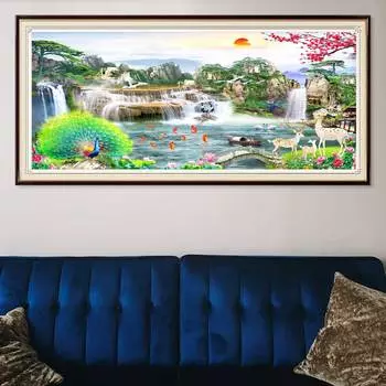 5D DIY Алмазная картина Павлин Полный круглый Пейзаж Озеро Алмазная вышивка Мозаика Художественная картина Стразы Домашний декор Full Round 20x50CM