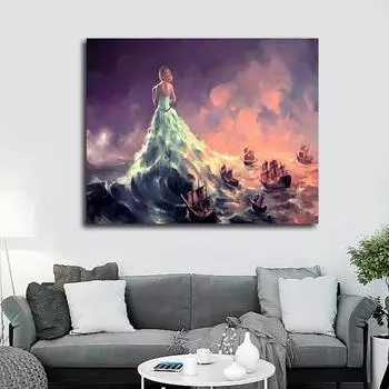 5D Diy Алмазная картина Пейзаж Морская девушка и лодка Вышивка крестиком Круглая Алмазная вышивка Домашние ремесла 20X30CM