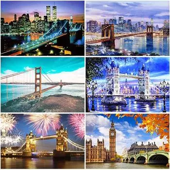 5D DIY Алмазная картина Пейзаж Мост Алмазная вышивка Мозаика Фотографии Городская ночь Полный круглый дрель Домашний декор Художественный подарок Full Round 15x20CM