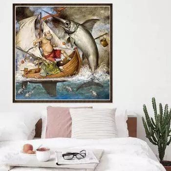 5d Diy Алмазная картина Пейзаж Рыбалка Рыба Полный круглый дрель Горный хрусталь Вышивка Крестом 30x30CM