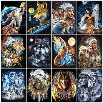 5D DIY Алмазная картина Племенной старик и волк Алмазная вышивка Набор для вышивки крестом Полный горный хрусталь Мозаика Домашний декор Round 20x30cm