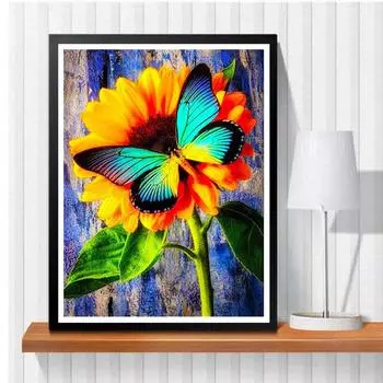 5D Diy Алмазная картина Подсолнухи и бабочки Набор для вышивки крестом Полная алмазная вышивка Мозаика Художественная картина Стразы Декор Подарок Full Round 20x30cm