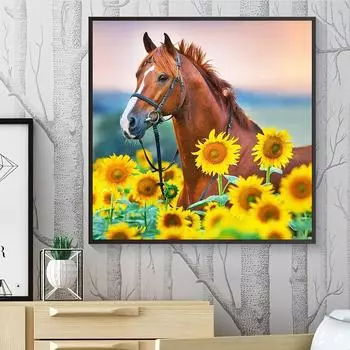 5D Diy Алмазная картина «Подсолнухи и лошади» Алмазная вышивка Полный набор аниме Наборы для вышивки крестом Домашний декор Подарок ручной работы Round 30x30cm