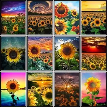 5d Diy Алмазная картина Полная круглая мозаика Подсолнухи Алмазная вышивка Цветочный комплект Ремесленное украшение для дома Full Round 20x30CM