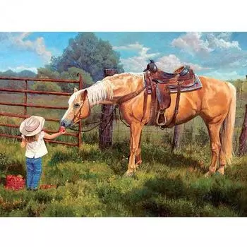 5D Diy Алмазная картина Полный дрель Круглая маленькая девочка Кормила лошадь Алмазная вышивка Фотографии Стразы Full Round 20x30CM
