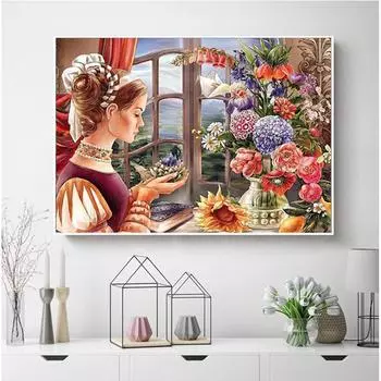 5D DIY Алмазная картина Полный дрель Портрет Алмазная вышивка Девушка Цветок Кристалл Бисер Изображение 20X30CM