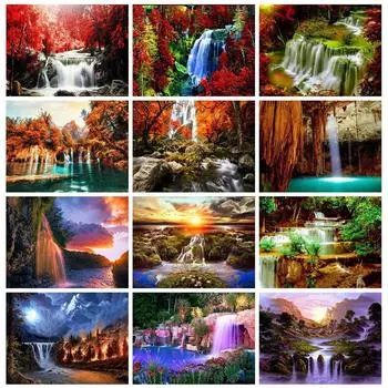 5D DIY Алмазная картина Полный круглый квадратный водопад Стразы Алмазная вышивка Пейзаж Мозаика Декор для дома Full Round 20X30CM красный