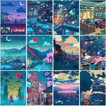 5D Diy Алмазная картина японского аниме Ночная сцена Вышивка Мозаичная картина Полный бриллиант Украшение комнаты Наклейка на стену Full Round 20x30CM