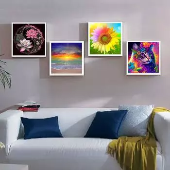 5D DIY Алмазная картина Радужный цветок и кошка Алмазная вышивка Набор крестиков Полный горный хрусталь Мозаика Украшение дома Round 30x30cm