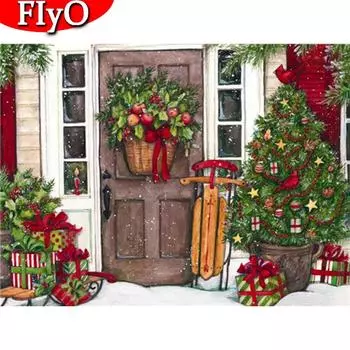 5D DIY Алмазная картина Рождественская елка Алмазная вышивка Дверь Мозаика Пейзаж Картина со стразами Украшение дома Full Round (20X30CM)