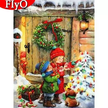 5D DIY Алмазная картина Рождественская елка Венок Полный квадратный крестик Алмазная вышивка Пейзаж Снежный декор дома Full Round (20X30CM)