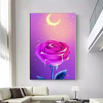 5D DIY Алмазная картина Розовые розы и лунные цветы Набор для вышивки крестом Мозаика Алмазная вышивка Роза Полный Круг/Квадрат Украшение для дома Round 30x40cm