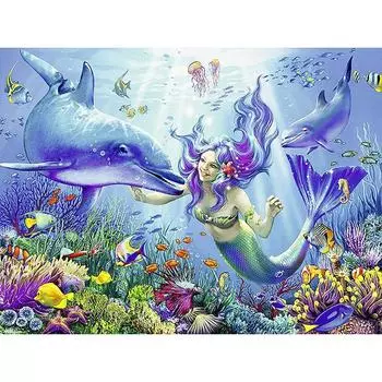 5D DIY Алмазная картина Русалка и дельфин Вышивка Крестом Горный хрусталь Мозаика Домашний декор 20X30CM