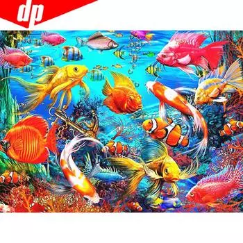 5D DIY Алмазная картина Рыба Полный круглый горный хрусталь Картина Алмазная вышивка 20X30