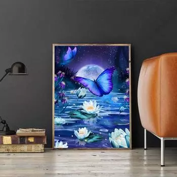 5D DIY Алмазная картина Синяя бабочка Набор для вышивки крестом Мозаика Алмазная вышивка Полный круглый/квадратный дрель Украшение дома Round 30x40cm