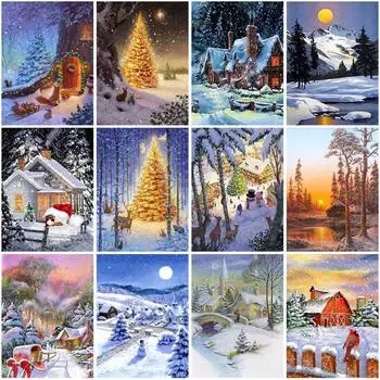 5D Diy Алмазная картина Снежная сцена Алмазная вышивка Рождественский подарок Пейзаж Мозаика Смола Домашний декор Девушка Хобби Полная дрель Full Round 20x30CM