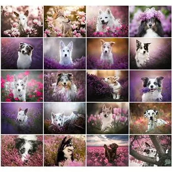 5D DIY Алмазная картина «Собака среди цветов» Алмазная вышивка Набор для вышивки крестом Полный горный хрусталь Мозаика Домашний декор Round 20x30cm