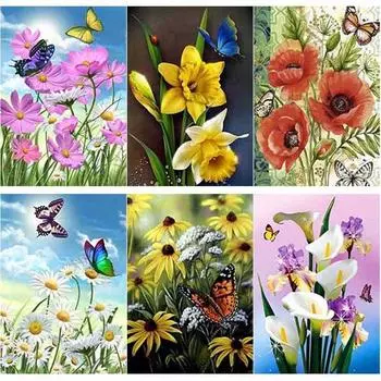 5D DIY Алмазная картина Свежие цветы Крупный рогатый скот Алмазная вышивка Бабочка Вышивка крестом Полный круглый дрель Домашний декор Подарок Full Round 15x20CM