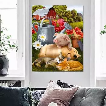 5D DIY Алмазная картина Свинья Собака и кошка Вышивка крестом Горный хрусталь Мозаика Домашний декор 20X30CM