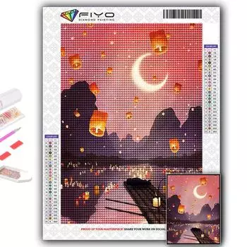 5D Diy Алмазная картина Thaise Lampion и цветок лотоса Светлая вышивка крестом Полная Алмазная вышивка Мозаика Full Round 20X30CM