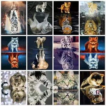 5d Diy Алмазная картина Тигр Вышивка Животное Кошка Отражение Полный квадрат/круг Мозаика Вышивка крестом Домашний декор Full Round 20x30CM